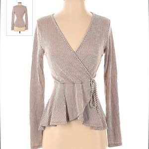 CAUTION TO THE WIND Striped Wrap Around Long Sleeve V-Neck Blouse Women's Size M